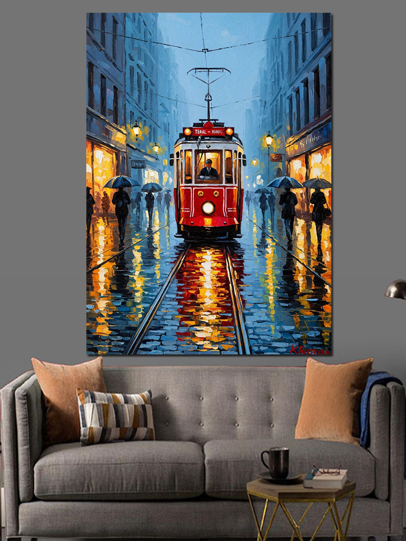 Yağmurlu Gecede Kırmızı Tramvay Şehir Kanvas Tablo