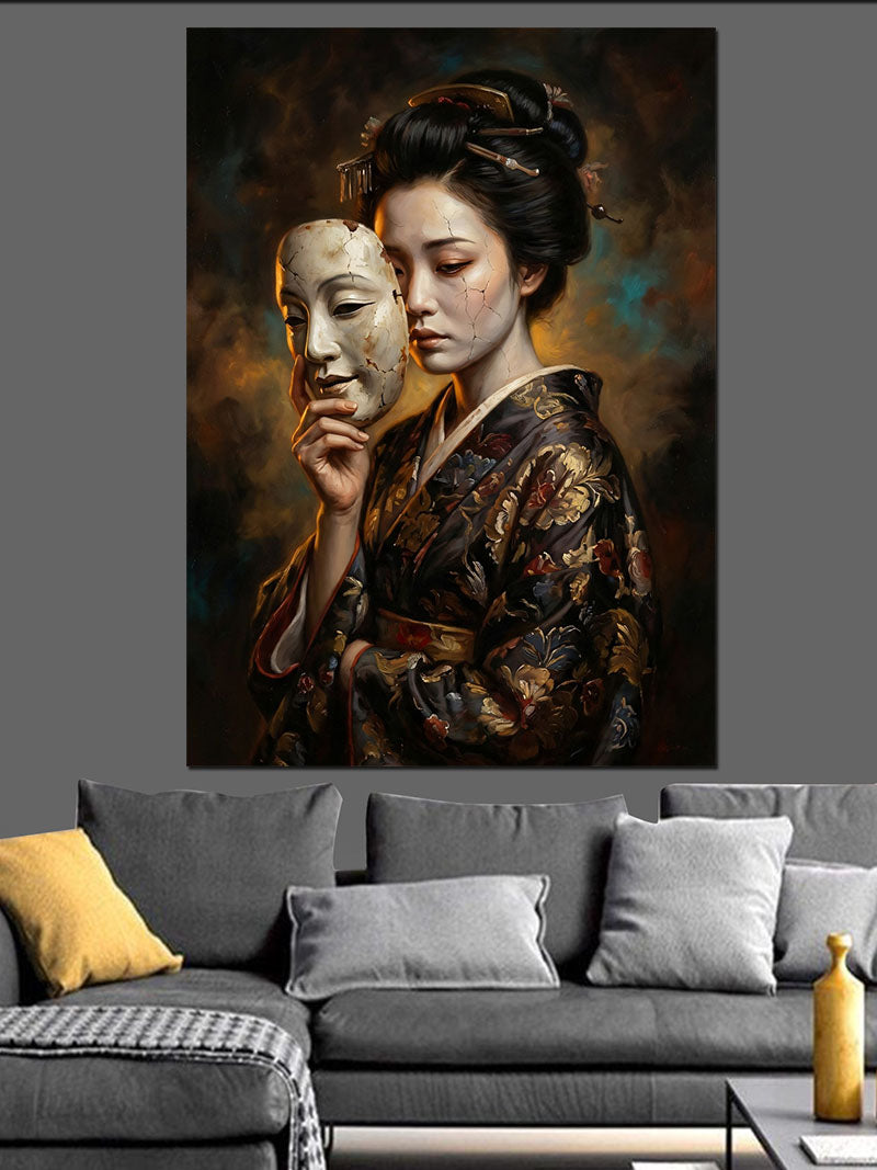 Maskeli Geleneksel Japon Kadın Portresi Kanvas Tablo