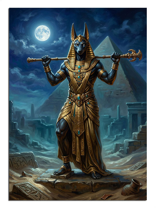 Piramitlerin önünde duran görkemli Mısır tanrısı Anubis figürü.