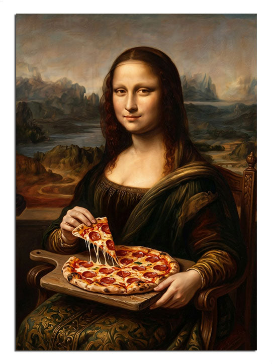 Klasik Mona Lisa tablosuna eklenen esprili pizza detayı.