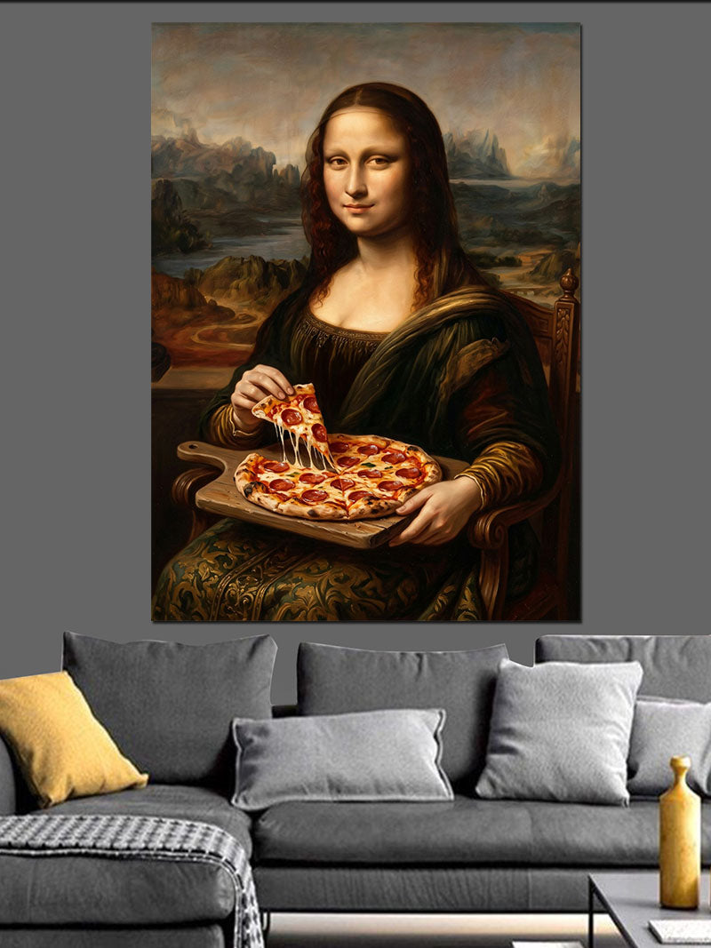 Pizza Yiyen Mona Lisa Portresi Kanvas Tablo