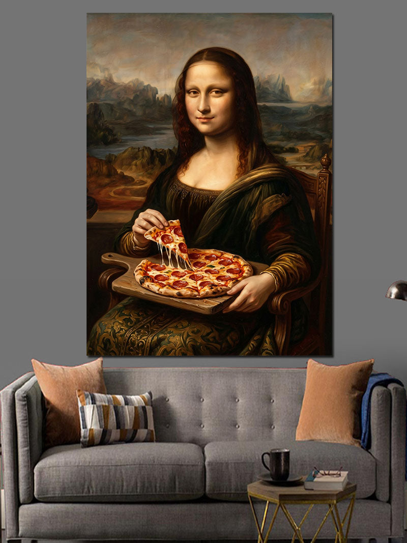 Pizza Yiyen Mona Lisa Portresi Kanvas Tablo