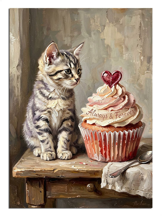 Devasa bir cupcake yanında duran sevimli gri kedi.
