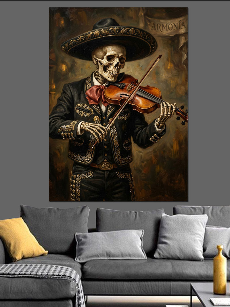 Keman Çalan Mariachi İskelet Figürü Kanvas Tablo
