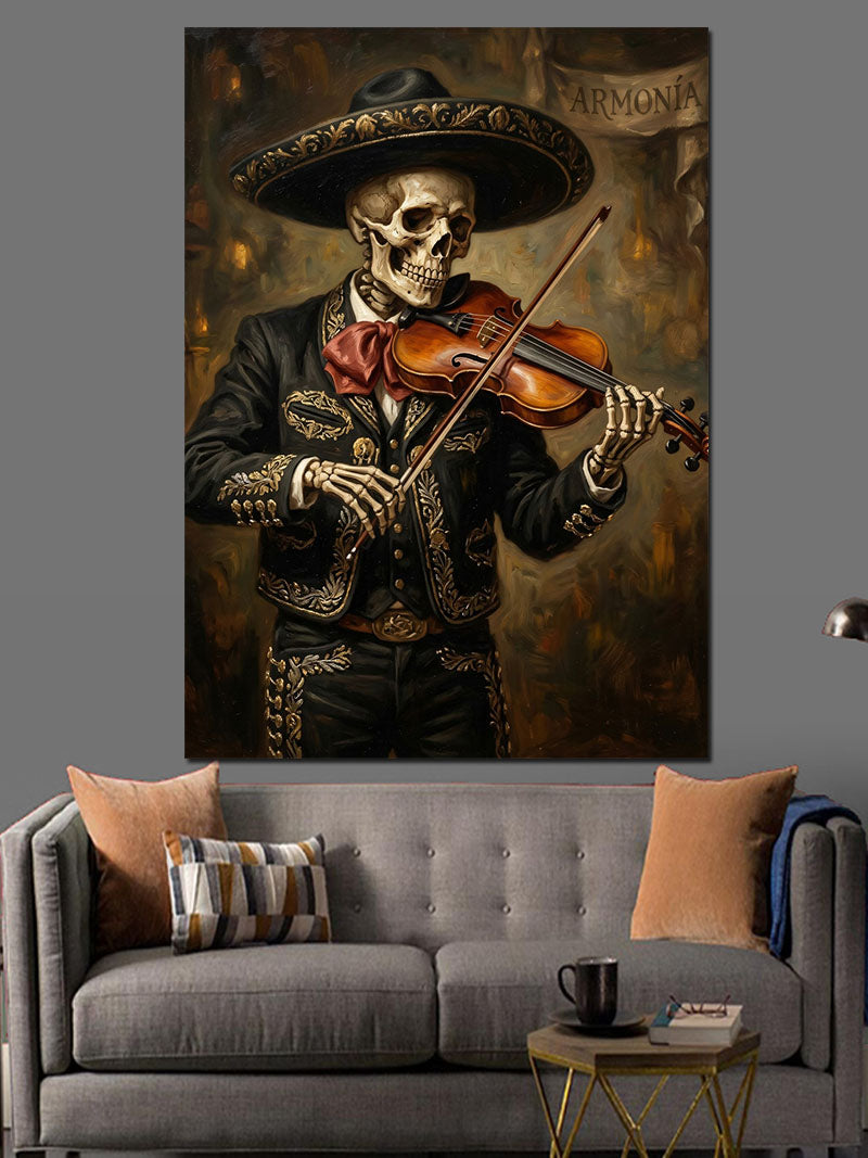 Keman Çalan Mariachi İskelet Figürü Kanvas Tablo