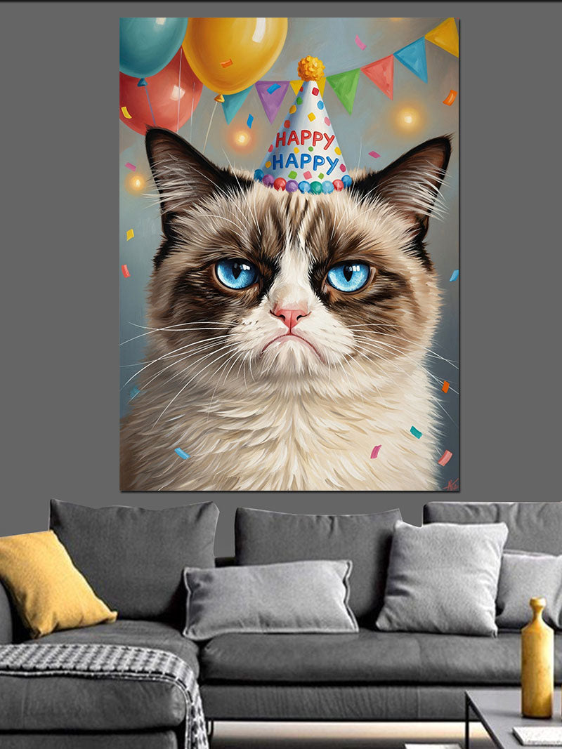 Doğum Günü Şapkalı Grumpy Cat Kanvas Tablo