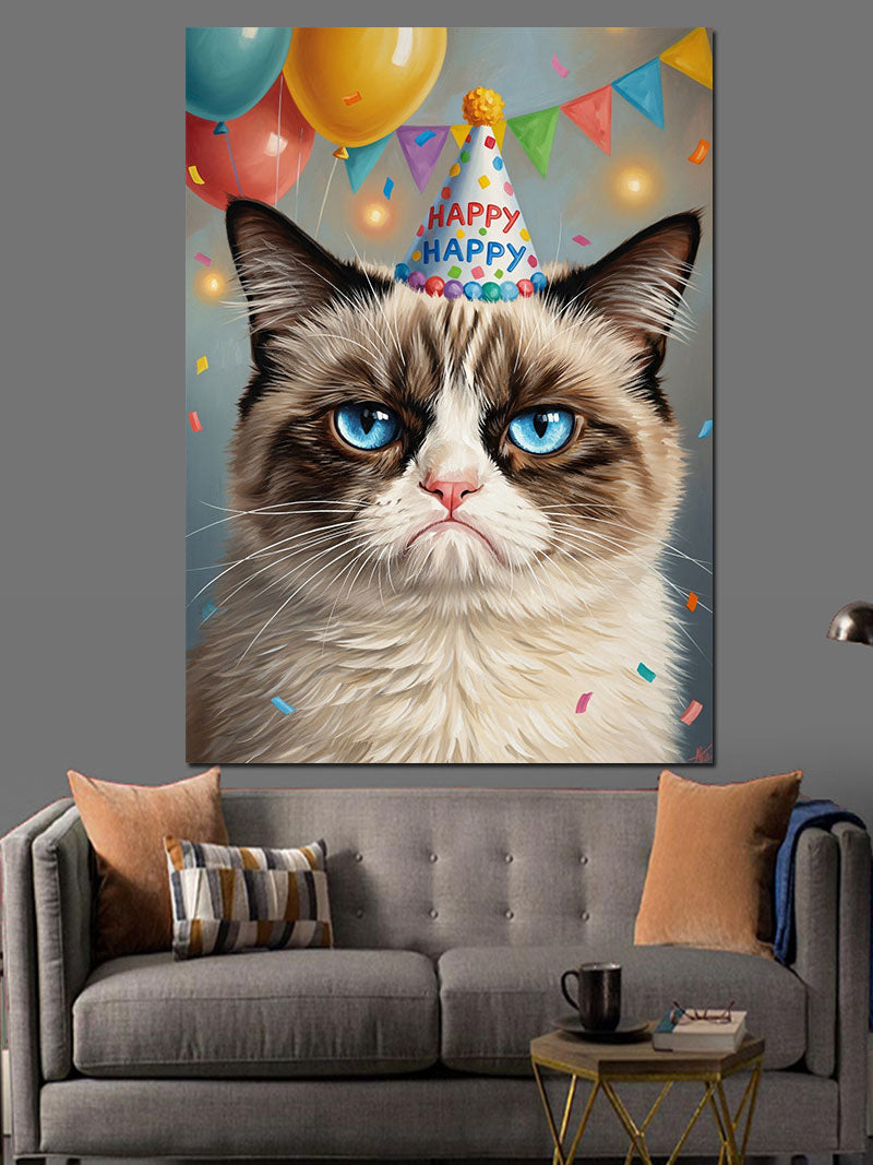 Doğum Günü Şapkalı Grumpy Cat Kanvas Tablo