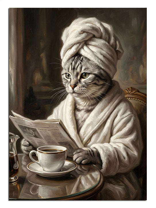 Bornozuyla kahve içip gazete okuyan insansı kedi.