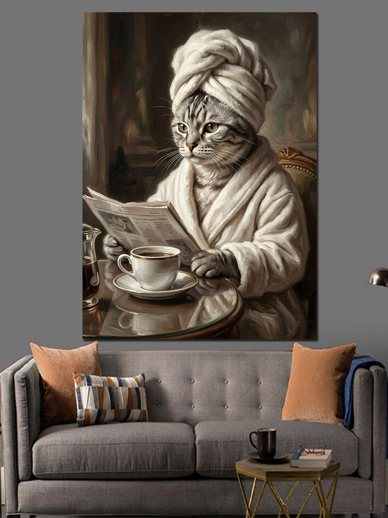 Bornozlu Ve Gazeteli Kahveci Kedi Kanvas Tablo
