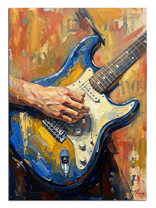 Elin tellere dokunduğu, canlı mavi elektro gitar görseli.