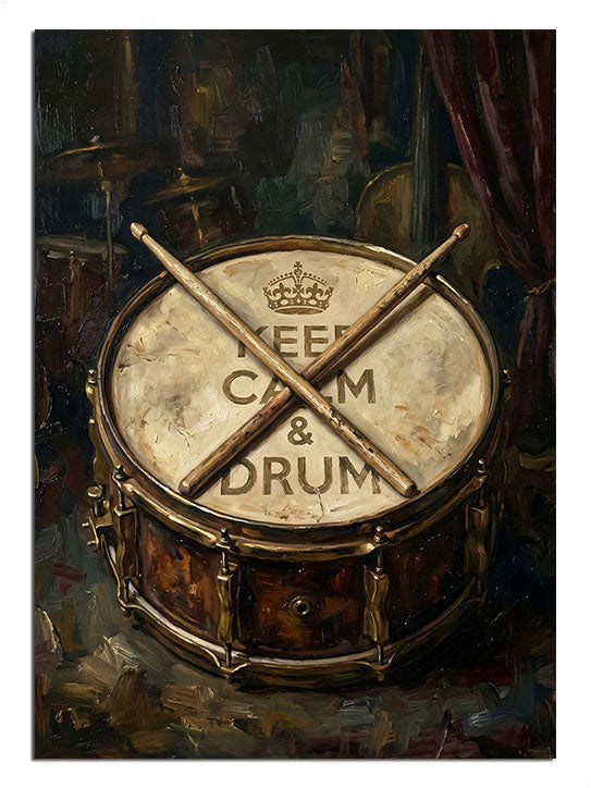 "Keep Calm and Drum" yazılı nostaljik bateri davulu.