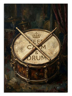 "Keep Calm and Drum" yazılı nostaljik bateri davulu.