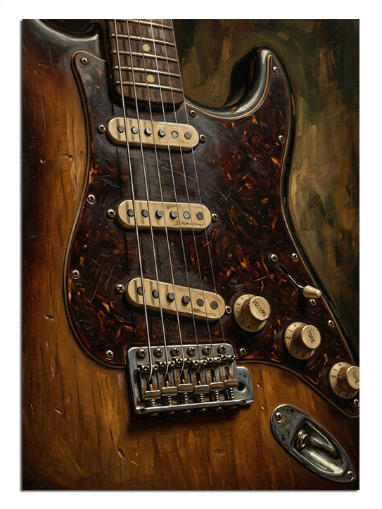 Altın ve kahve tonlarında parlayan şık elektro gitar.