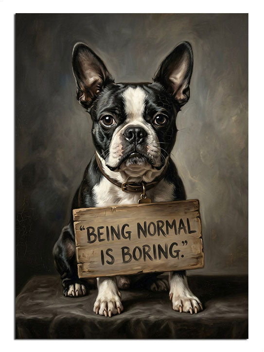 "Being Normal is Boring" yazılı tabelayla poz veren komik köpek.