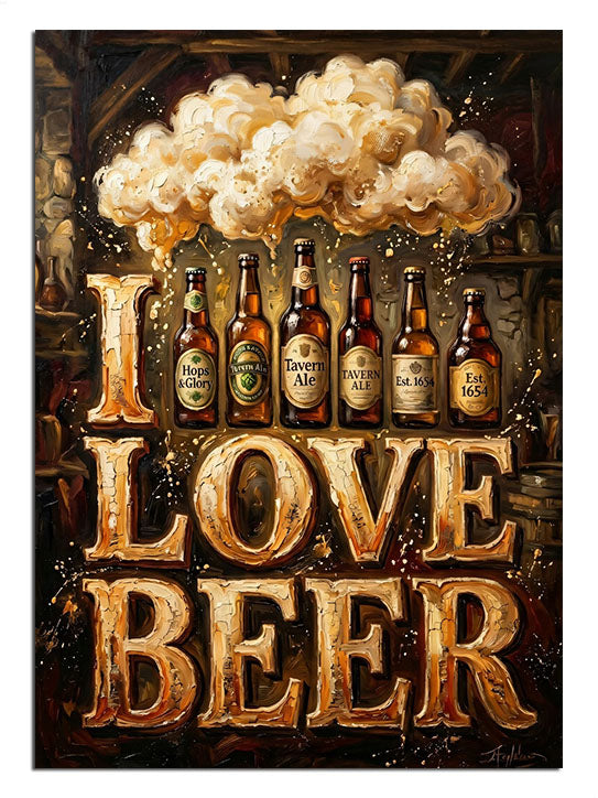 "I Love Beer" yazılı dumanı tüten bira bardakları illüstrasyonu.