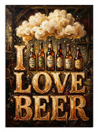 "I Love Beer" yazılı dumanı tüten bira bardakları illüstrasyonu.