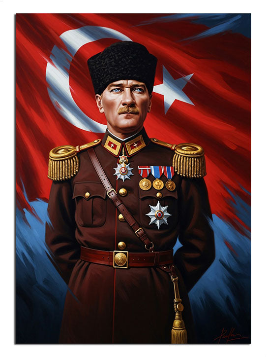 Türk bayrağı önünde Atatürk'ün heybetli ve asil askeri duruşu.