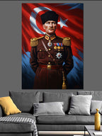 Atatürk Üniformalı Ve Bayraklı Portre Kanvas Tablo