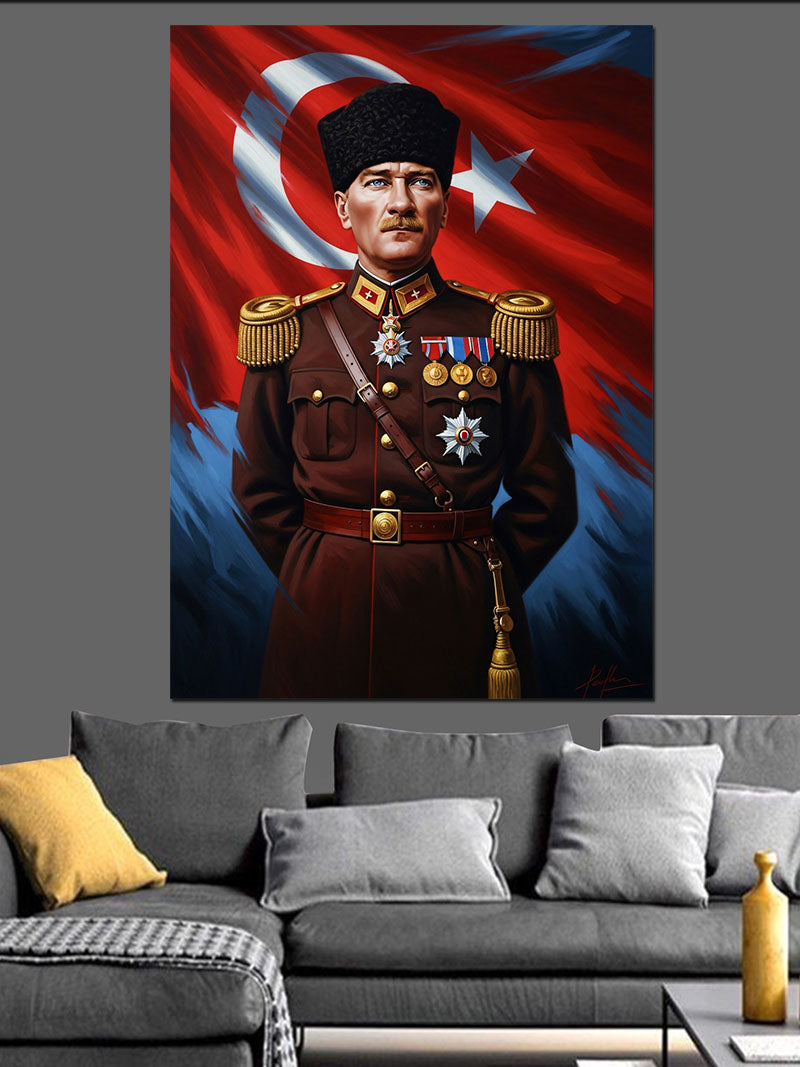 Atatürk Üniformalı Ve Bayraklı Portre Kanvas Tablo