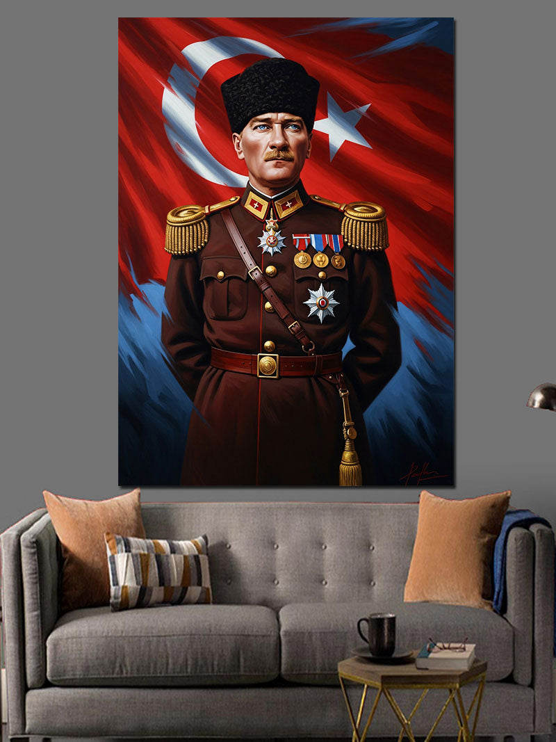 Atatürk Üniformalı Ve Bayraklı Portre Kanvas Tablo