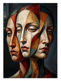 Farklı perspektiflerin birleştiği modern sanat kadın yüzü kolajı.