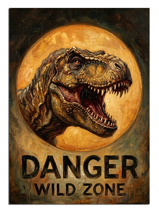 "Danger Wild Zone" yazılı kükreyen T-Rex dinazor tabelası.
