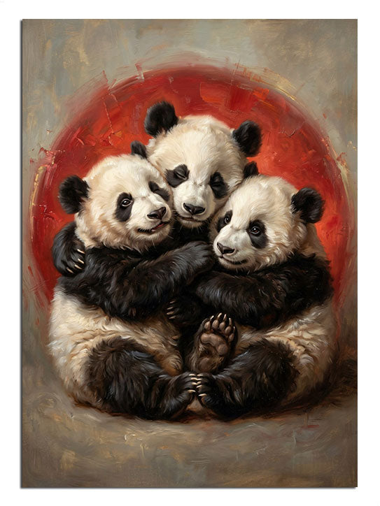 Sevgiyle birbirine sarılmış üç sevimli panda figürü.