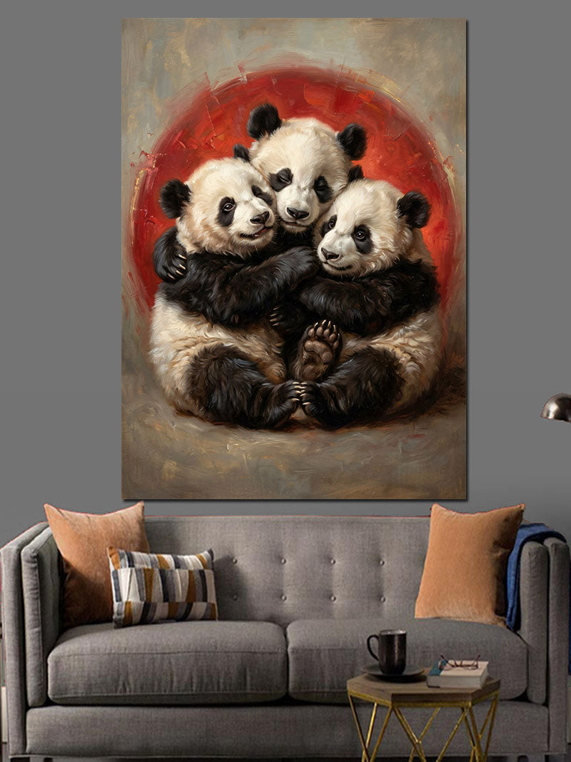 Birbirine Sarılan Üçlü Panda Ailesi Kanvas Tablo