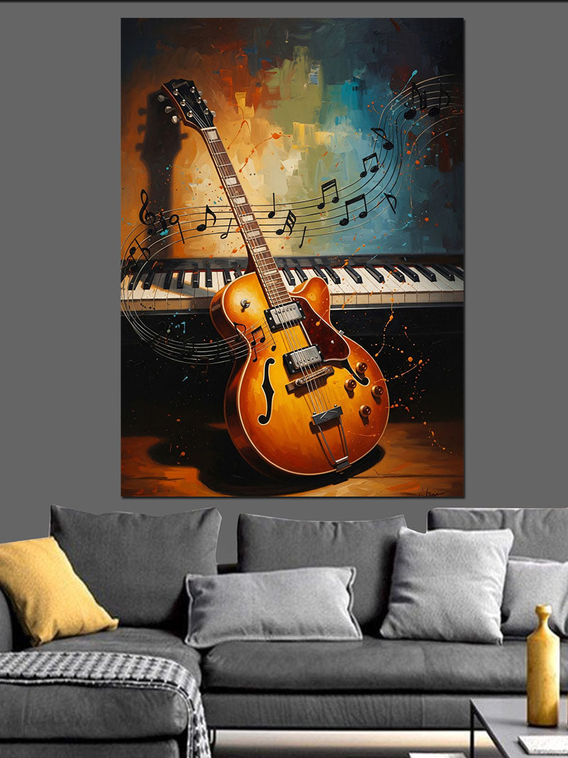 Piyano Üzerinde Duran Elektro Gitar Kanvas Tablo