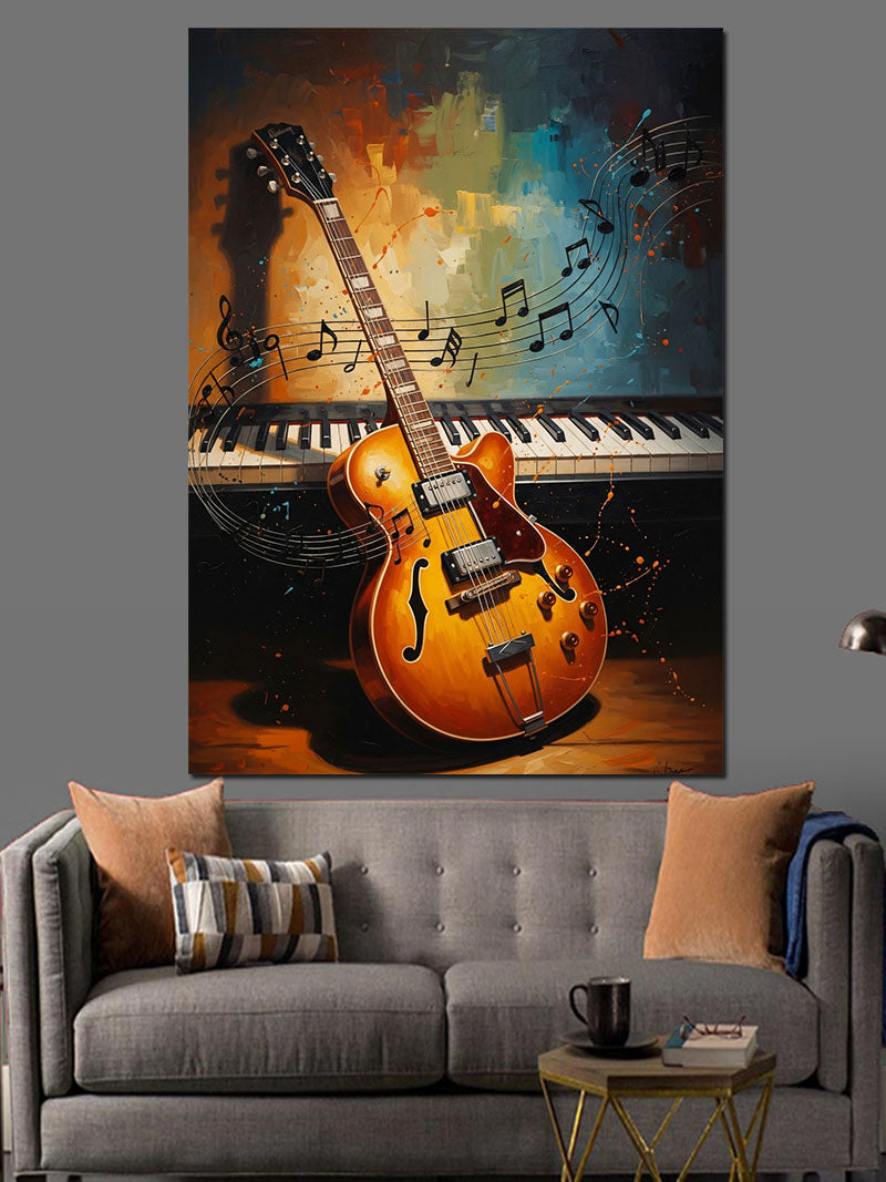 Piyano Üzerinde Duran Elektro Gitar Kanvas Tablo