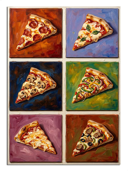 Farklı renkli zeminler üzerinde duran pizza dilimleri kolajı.