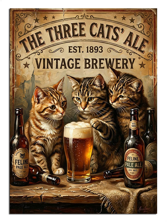 "The Three Cats Ale" yazılı masada oturan kediler.
