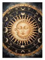 Güneş ve ayın bir yüzü paylaştığı astrolojik tasarım.