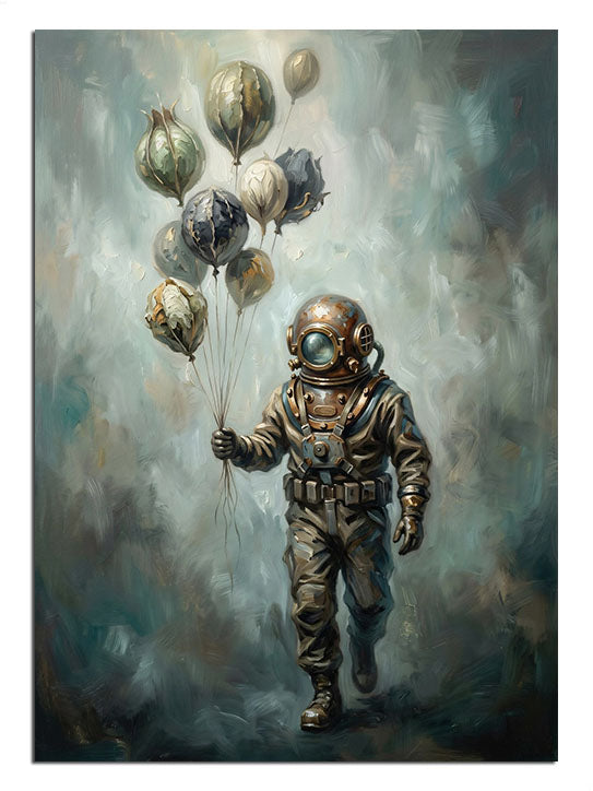 Gezegenlerden oluşan balonları tutan sevimli astronot.