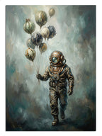 Gezegenlerden oluşan balonları tutan sevimli astronot.