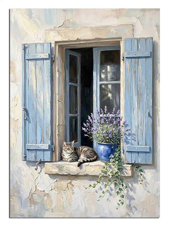 Eski bir pencere kenarında saksılar arasında uyuyan kedi.
