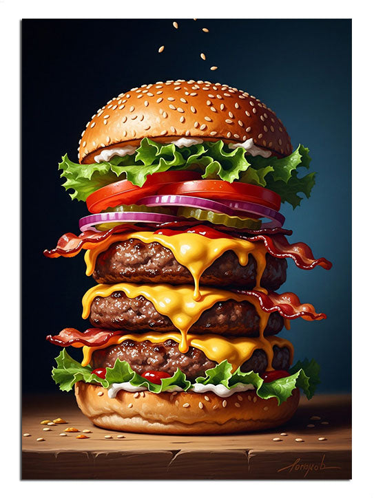Bol malzemeli, iştah açıcı ve devasa bir hamburger görseli.