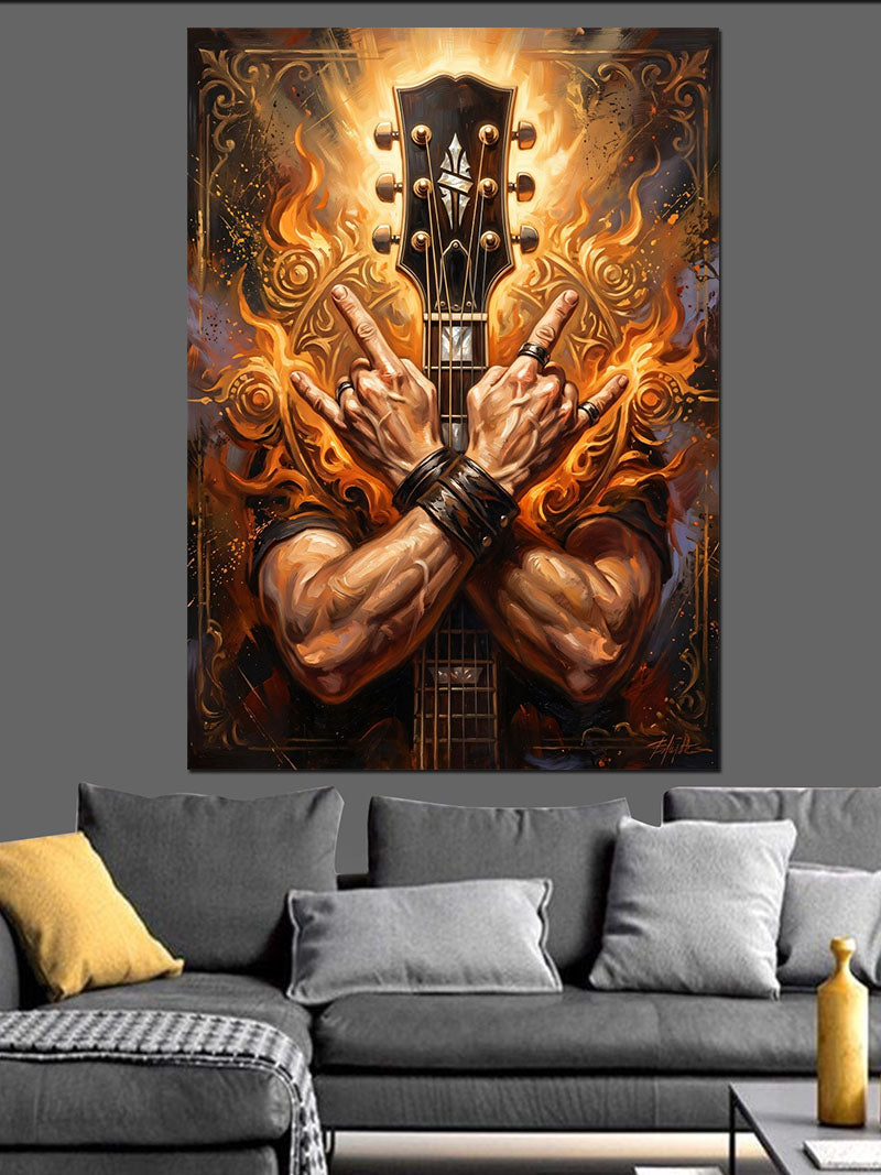 Alevler İçinde Gitar Çalan El Kanvas Tablo
