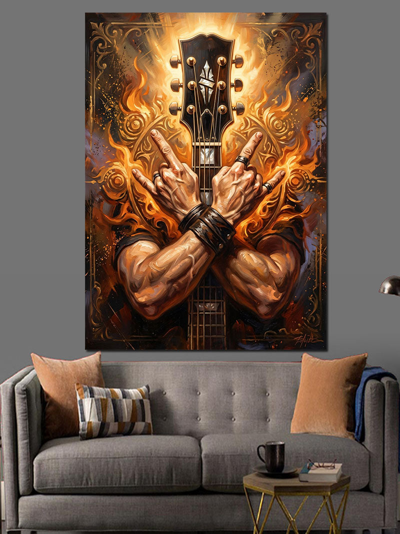 Alevler İçinde Gitar Çalan El Kanvas Tablo