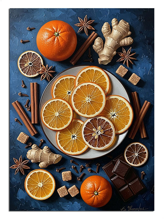 Tarçın, zencefil ve dilimlenmiş portakallarla kış natürmortu.