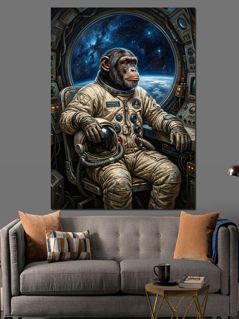 Uzayda Oturan Astronot Şempanze Tablo Kanvas Tablo