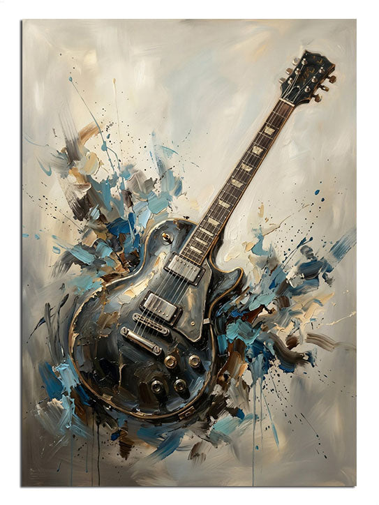 Mavi ve toprak tonlarında boya sıçratmalı modern elektro gitar.