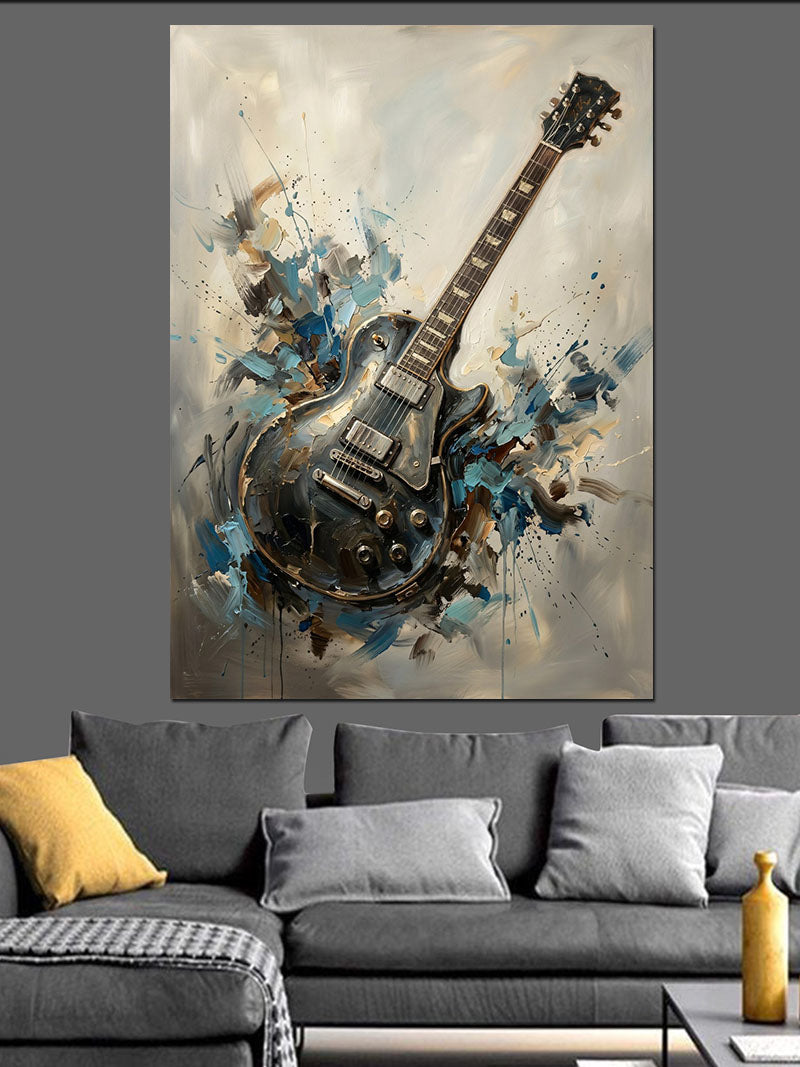 Soyut Boya Dokulu Elektro Gitar Kanvas Tablo