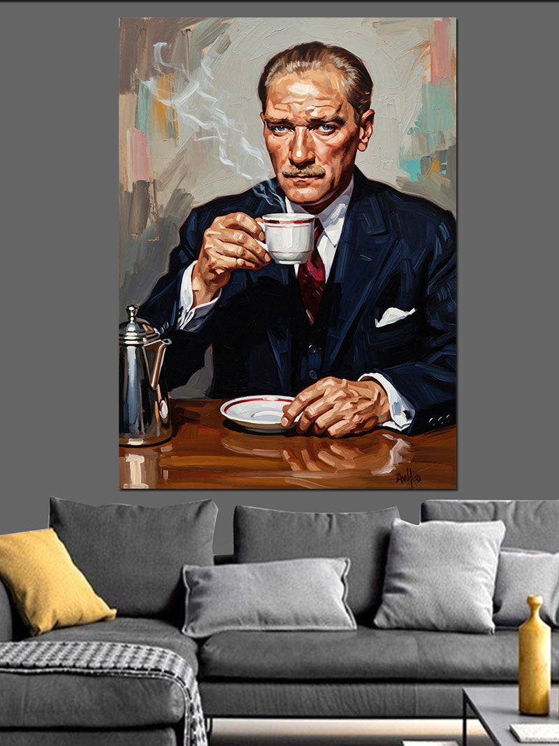 Kahvesini Yudumlayan Şık Atatürk Kanvas Tablo