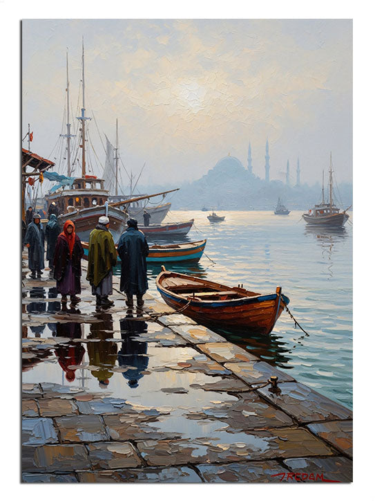 Puslu bir İstanbul sabahında denize açılan balıkçı kayığı.