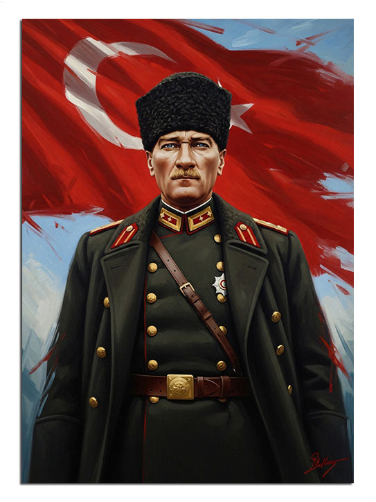 Türk bayrağı önünde Atatürk'ün heybetli ve asil duruşu.
