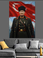 Atatürk Türk Bayraklı Askeri Üniformalı Kanvas Tablo