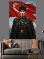 Atatürk Türk Bayraklı Askeri Üniformalı Kanvas Tablo