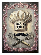 Kabartma çerçeve içinde çatal bıçaklı Master Chef yazısı.