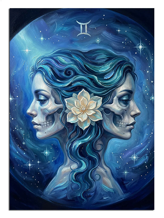 Birbirine ters duran iki kadın yüzü ve astrolojik sembol.